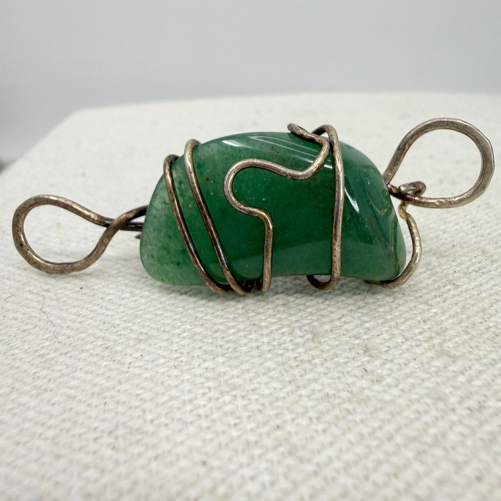 Artisan Green Aventurine Wire Wrapped Brooch Handmade Boho Silver Tone‎ Pin